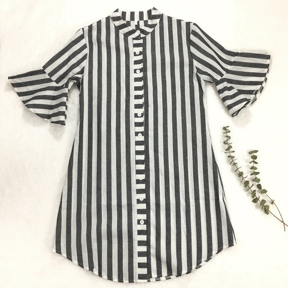 Dresses & Skirts - Black and White Stripe Bell Sleeve Button Up Dress